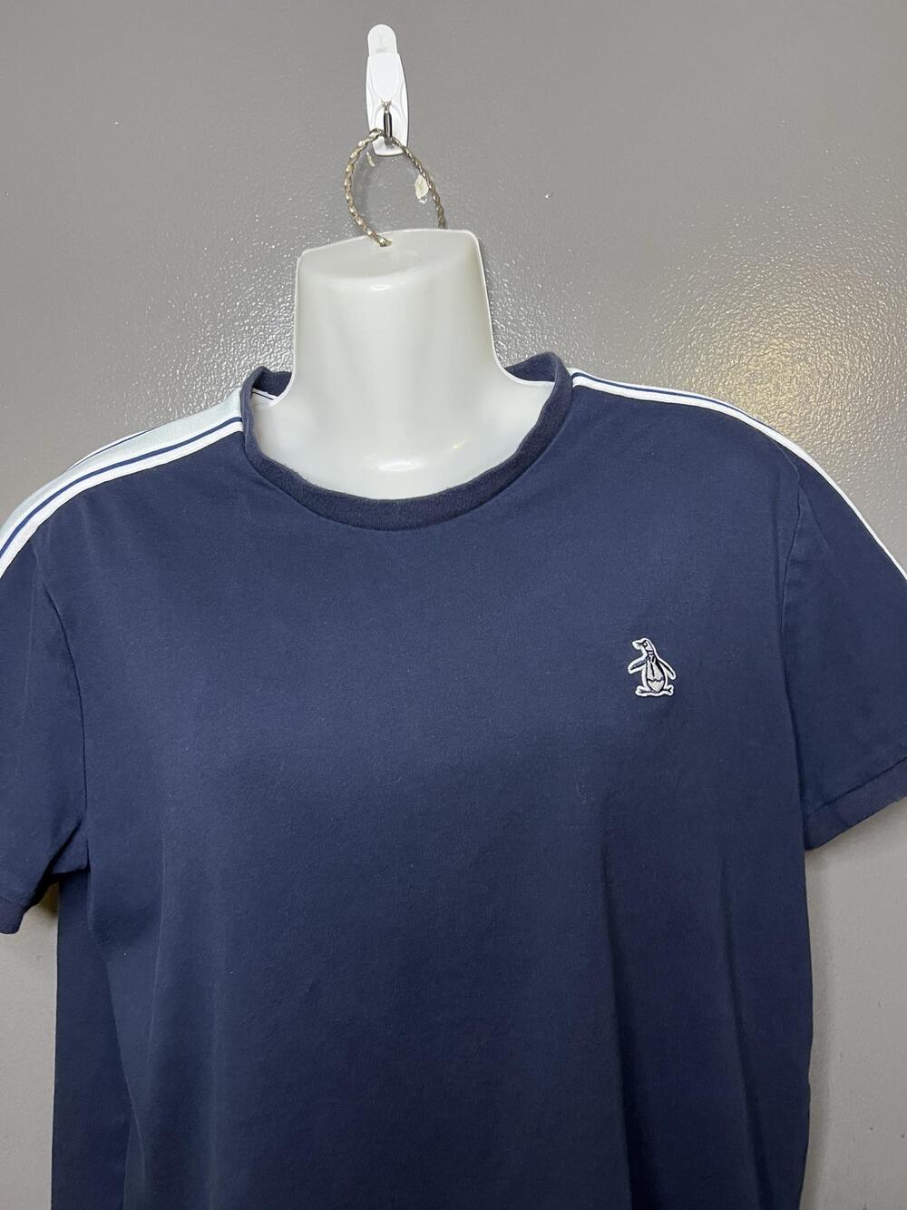Original Penguin Shirt Womens Medium Blue Pima Cotton Logo Stripe Sleeve Tee